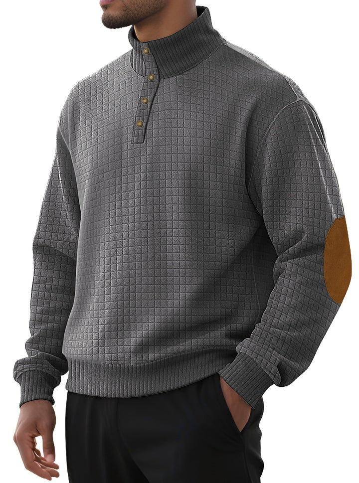 Herren nan kariertes Stepp-Sweatshirt mit Henley-Blende hohem Stehkragen und Velours-Ellenbogenpatch Drune