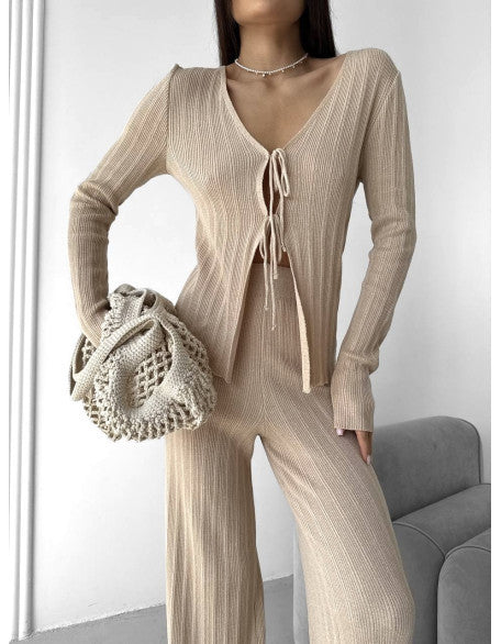 Damen Strickset mit V-Ausschnitt und Kordelzug Drune