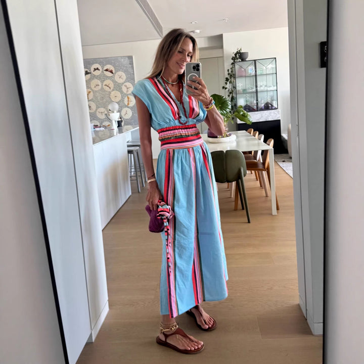 Damen Strandmaxi-Kleid mit elastischem Taillenbund und buntem Streifenmuster Drune