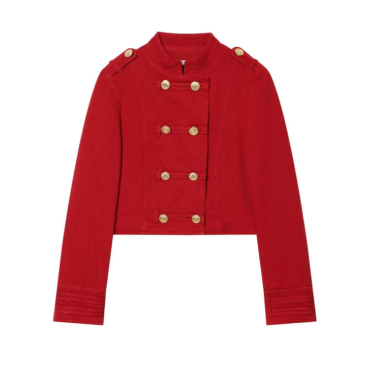 Damen Kurze Militärblazer-Jacke mit Stehkragen und goldenen Zierknöpfen Drune