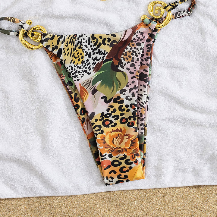 Damen Triangel-Bikini mit eleganten Gold-Details und farbenfrohem Blumendruck Drune