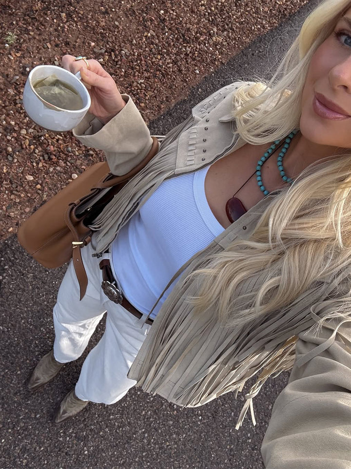 Damen Kurzfransen-Suedejacke im Westernstil mit Ziernähten und Nieten Drune