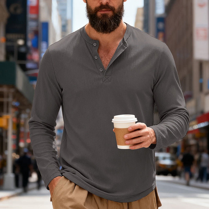 Herren nan Thermo-Henley-Langarmshirt mit Waffelstruktur, Rundhalsausschnitt und Knopfleiste Drune