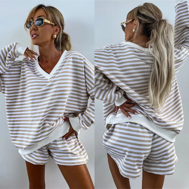 Damen lässiges Streifen-Loungewear-Set mit weit geschnittenem Oberteil und Shorts Drune