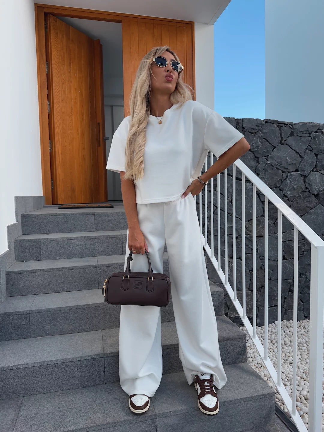 Damen Loungewear-Zweiteiler mit Cropped-Boxy-Shirt und fließender High-Waist Palazzo-Hose Drune