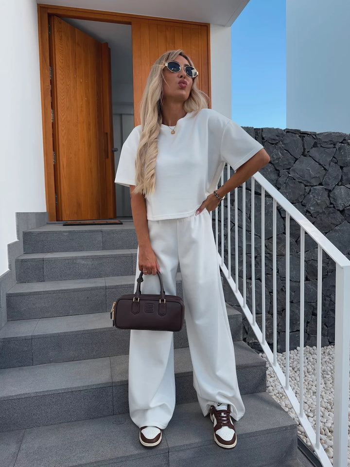 Damen Loungewear-Zweiteiler mit Cropped-Boxy-Shirt und fließender High-Waist Palazzo-Hose Drune