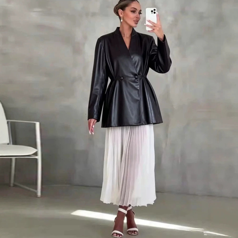 Damen Taillierter Wickelblazer aus Lederimitat mit ausgestelltem Saum Drune