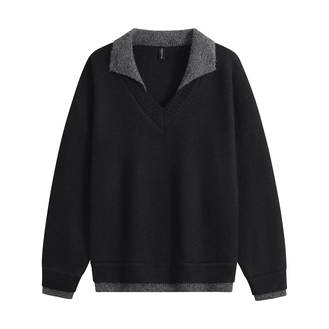 Herren Oversize-Pullover mit kontrastierendem Kragen, V‑Ausschnitt und weichem Fleeceinnenfutter Drune