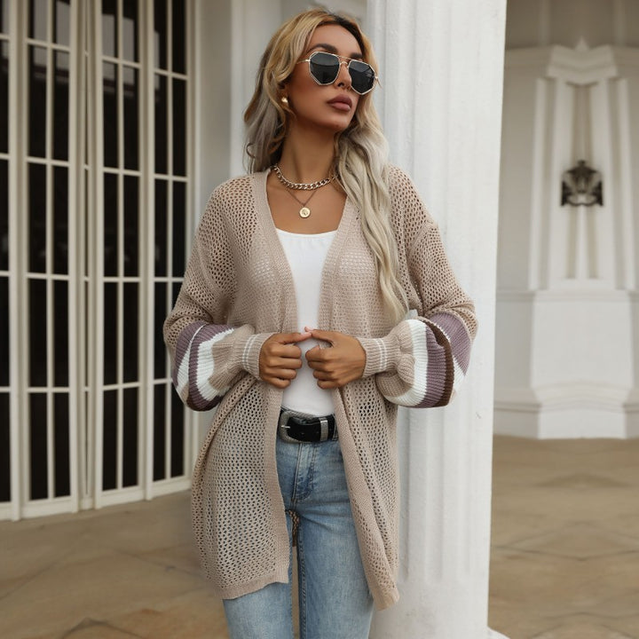Damen Longline-Netzstrick-Cardigan mit Ballonärmeln und Blockstreifen Drune