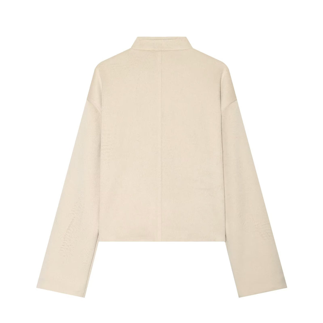 Damen Kurze Teddyjacke mit Mandarinkragen und dekorativen Knotenverschlüssen Drune