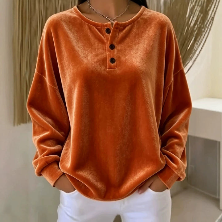 Damen Lässiges Oversize Samt-Henleyshirt mit Knopfleiste Drune