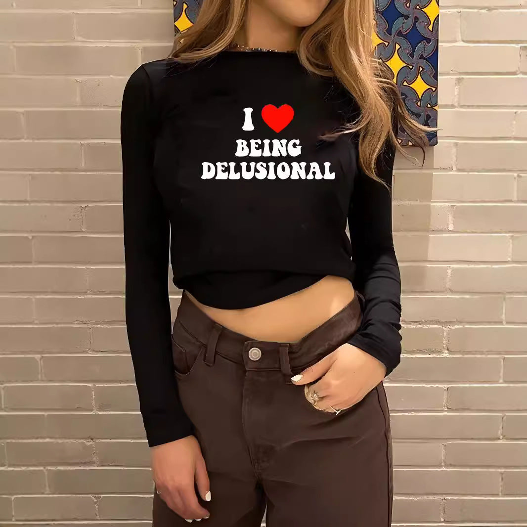 Damen nan figurbetontes Langarmshirt mit niedlichem Gänse-Print, Rundhalsausschnitt und leichtem Stretch Drune