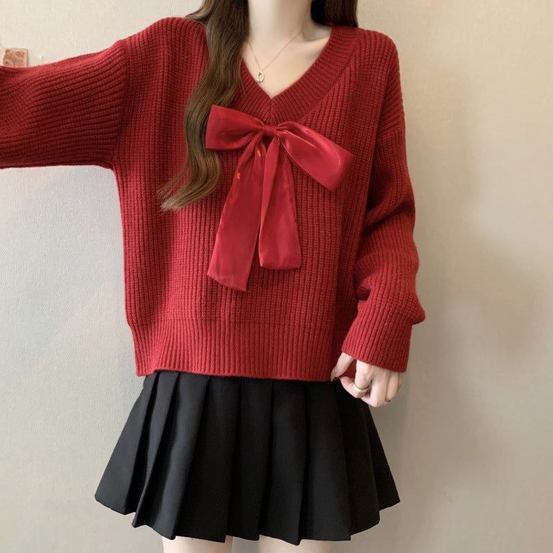 Damen Strickpullover mit V-Ausschnitt und dekorativem Schleifenakzent Drune