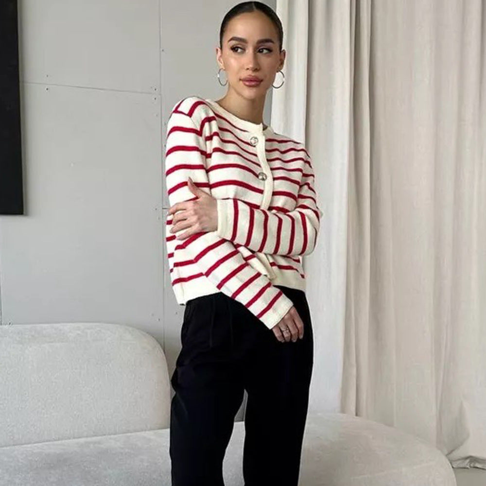 Damen gestreifte Strickjacke mit Knopfdetail Drune