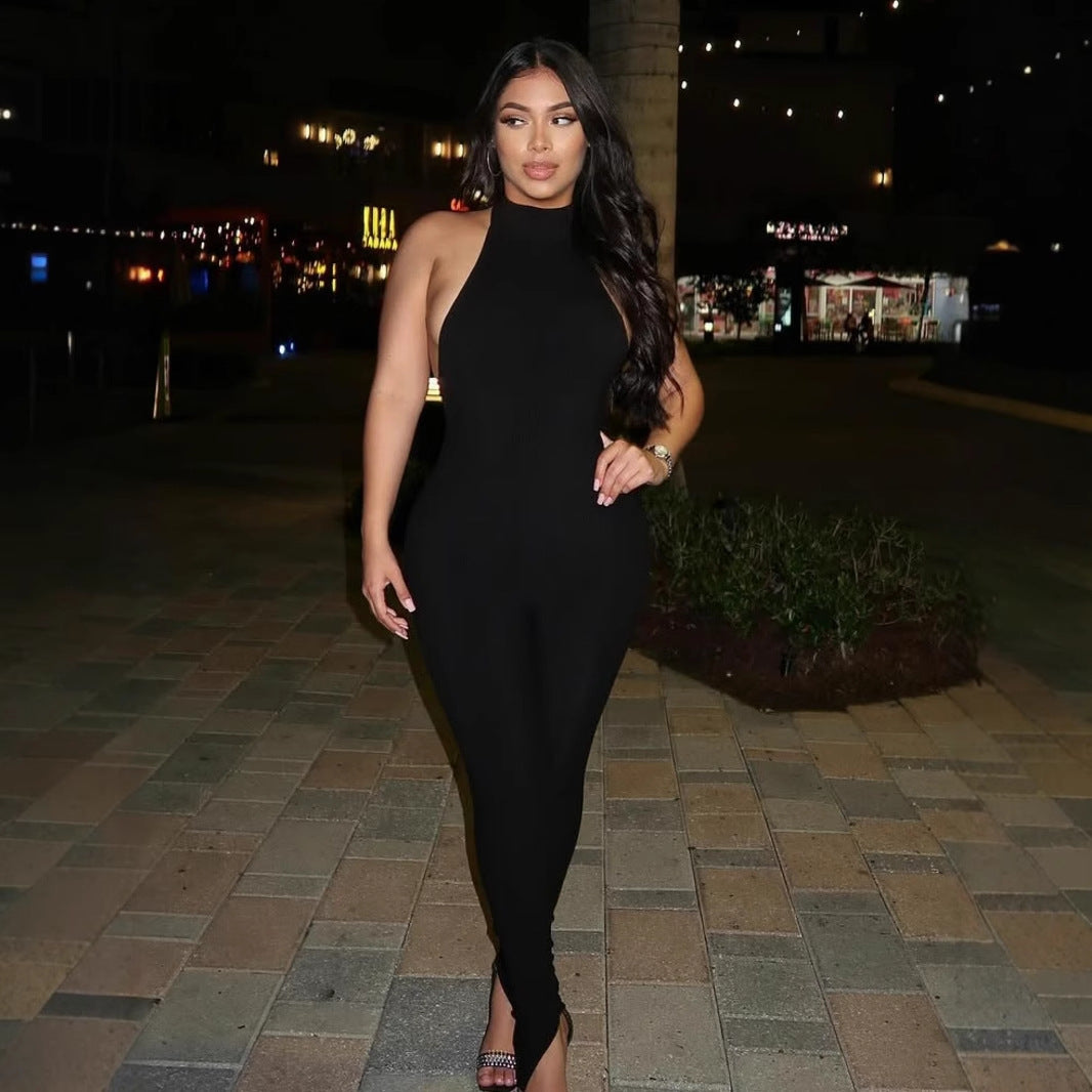 Damen figurbetonter Jumpsuit mit hohem Kragen und Rippstruktur Drune