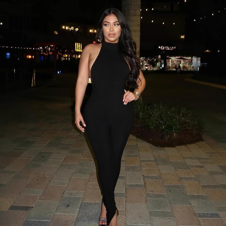 Damen figurbetonter Jumpsuit mit hohem Kragen und Rippstruktur Drune