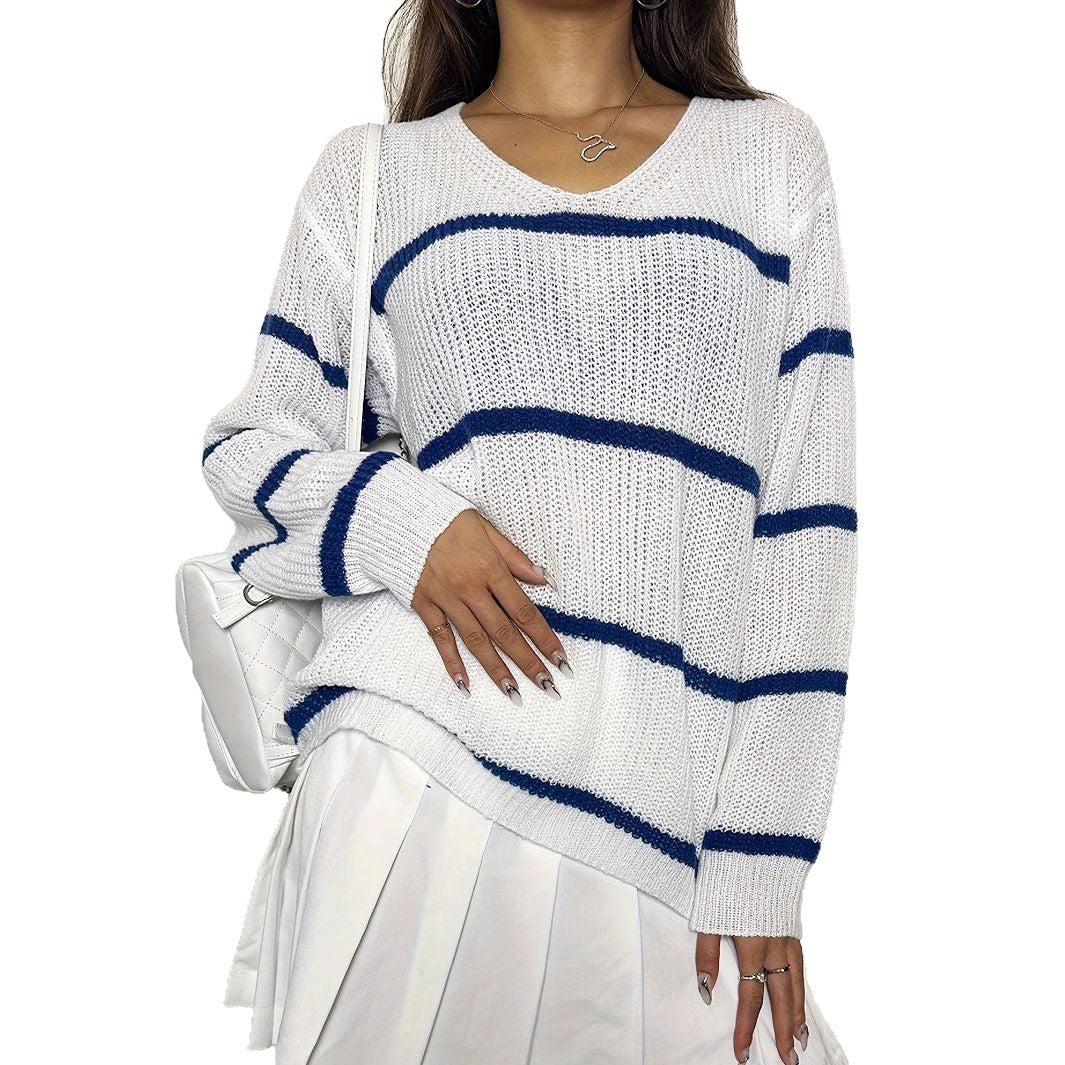 Damen lässiger Strickpullover mit Streifen Drune