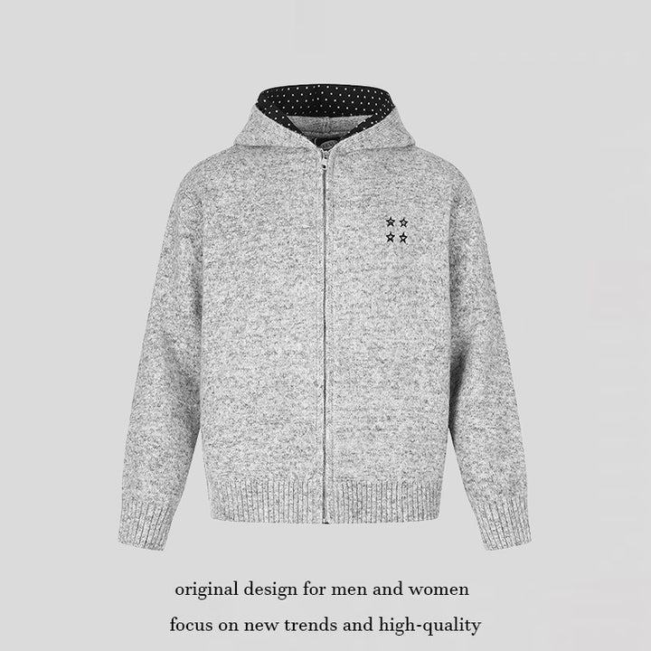 Damen Zip-Kapuzen-Strickjacke mit gepunkteter Kapuzenfütterung und Sternchen-Stickerei Drune