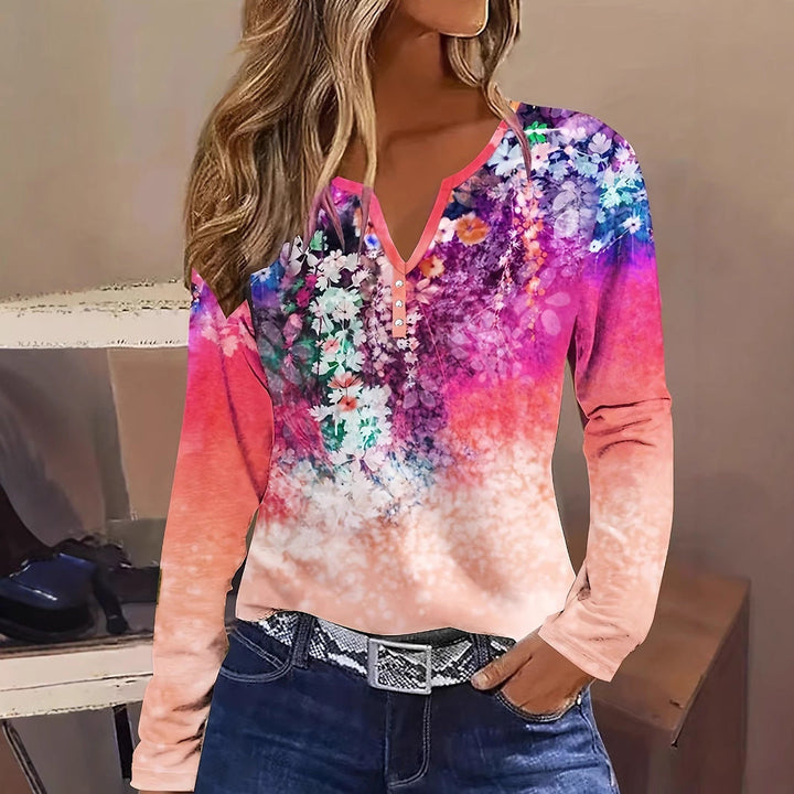 Damen Blütenmuster Langarmshirt mit Knopfleiste Drune