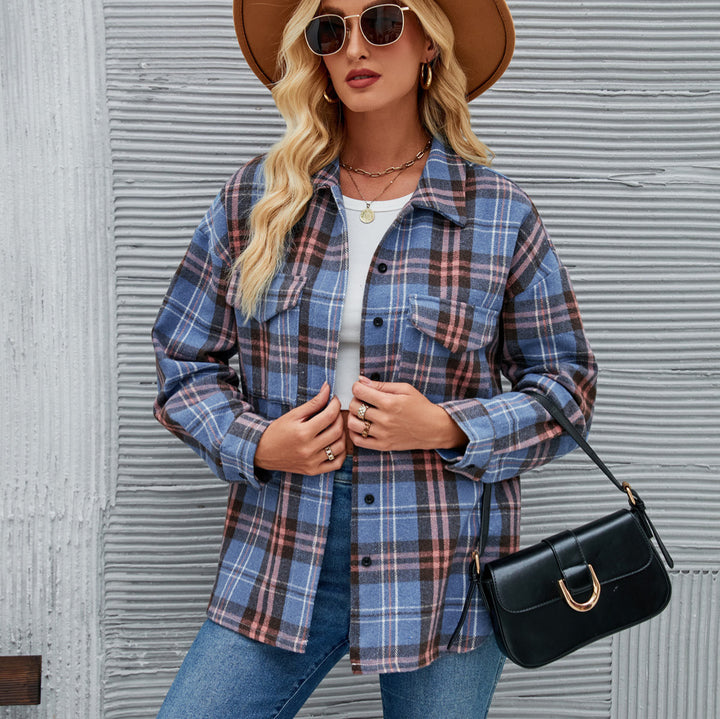 Damen Flanell-Hemdjacke mit kariertem Muster und praktischem Taschen-Design Drune