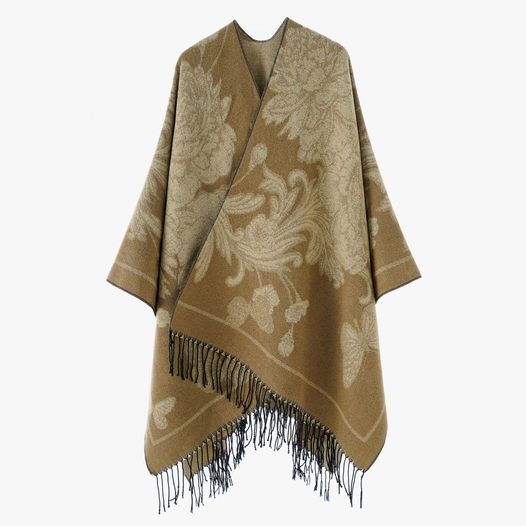 Damen Großer Wollmix Fransenponcho mit diagonalen Kontraststreifen Drune