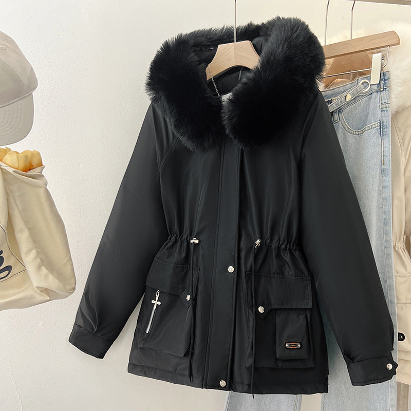 Damen Wattierter Parka mit Tunnelzugtaillierung, Kapuze und voluminösem Kunstfellkragen Drune
