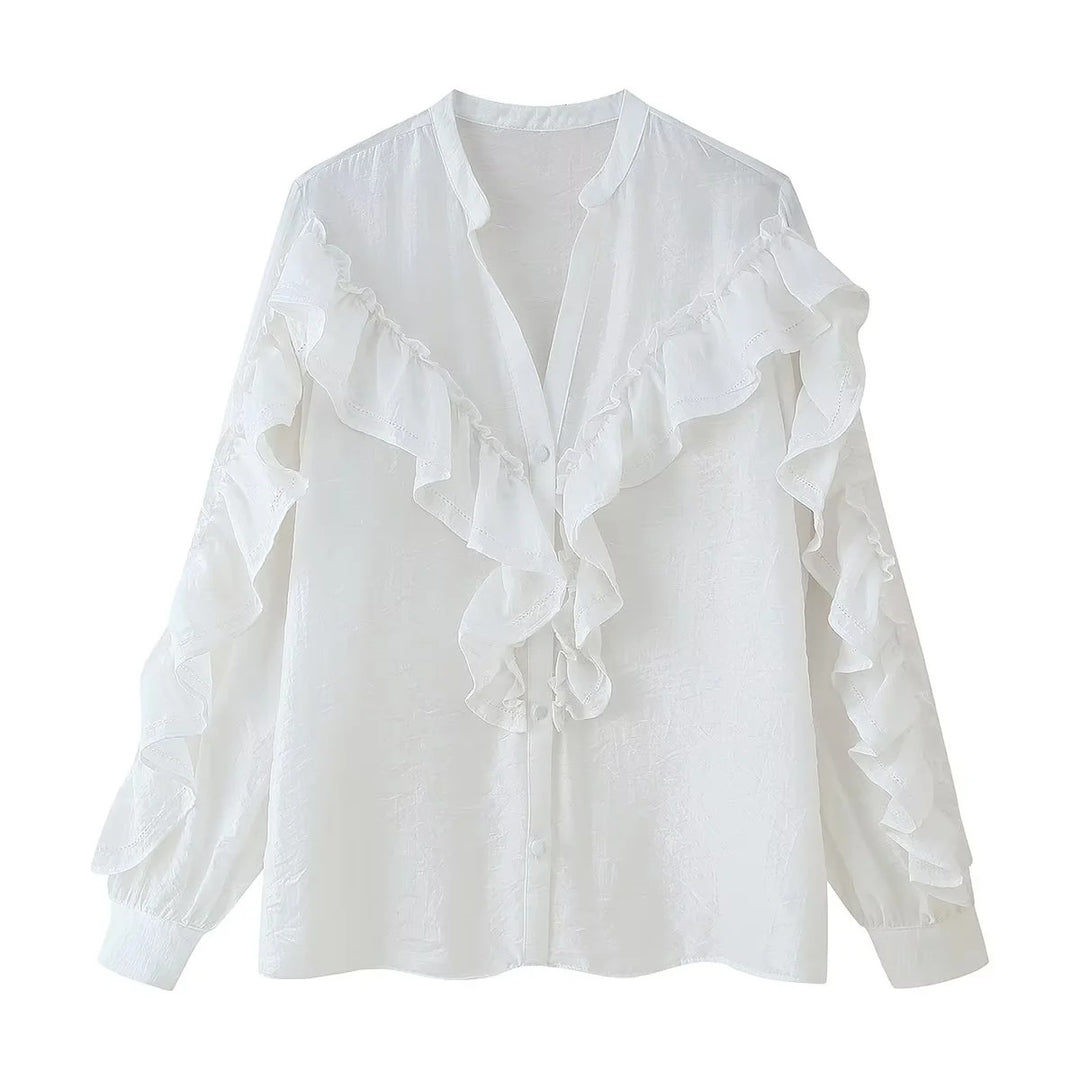 Damen nan romantische Volant-Bluse mit Stehkragen, verdeckter Knopfleiste und langen Ärmelrüschen Drune