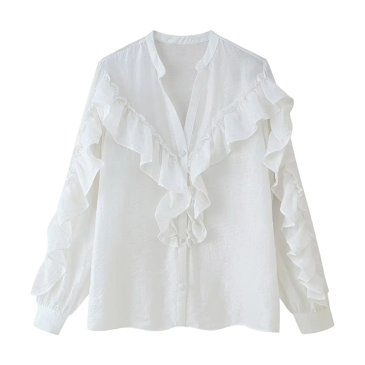 Damen nan romantische Volant-Bluse mit Stehkragen, verdeckter Knopfleiste und langen Ärmelrüschen Drune