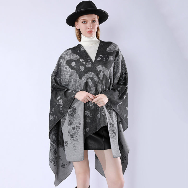 Damen Oversize-Wickelponcho im Kimono-Fall mit feinem Jacquardgewebe Drune