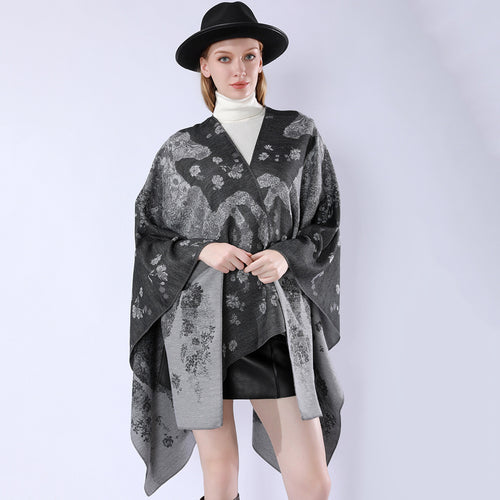Damen Oversize-Wickelponcho im Kimono-Fall mit feinem Jacquardgewebe Drune