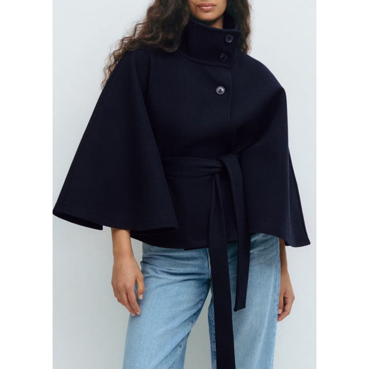 Damen Wollmantel im Cape‑Stil mit Stehkragen und Taillengürtel Drune