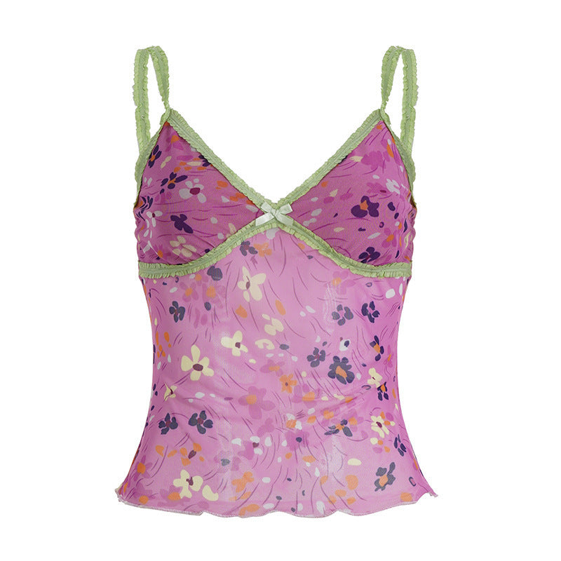Damen Blumen Spaghetti Trägertop mit feinen Rüschendetails Drune