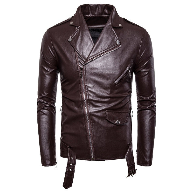 Herren Biker-Lederjacke im Slim-Fit mit asymmetrischem Reißverschluss und Taillengürtel Drune