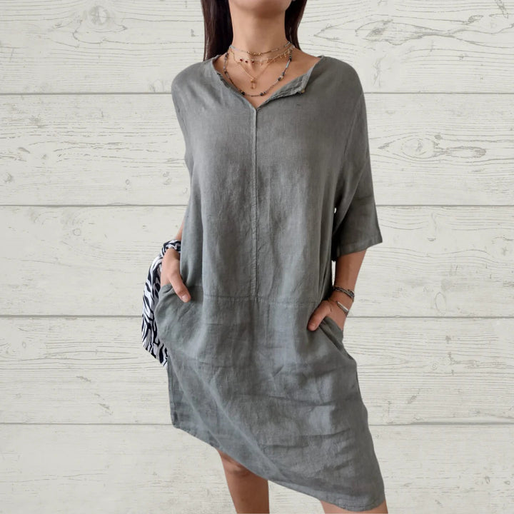 Damen Leichtes Leinenkleid mit vorderem Knopfdetail und seitlichen Taschen Drune