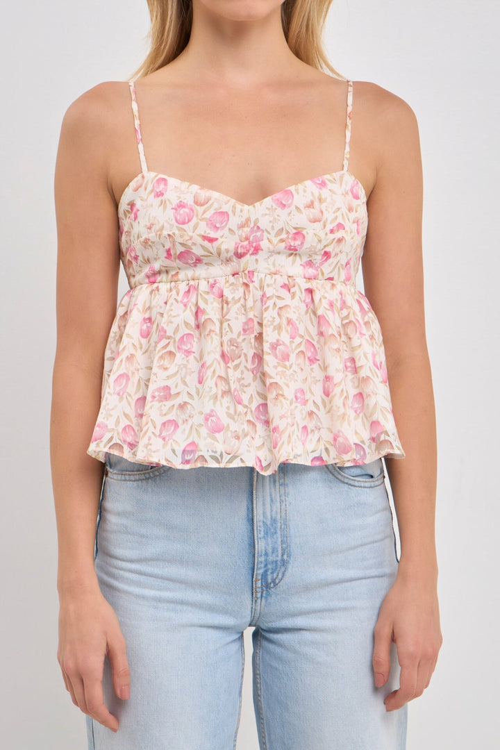 Damen Peplum-Oberteil mit floralem Muster und zarten Spaghetti-Trägern Drune