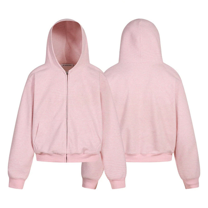 Damen Kurz geschnittene Kapuzen-Sweatjacke mit kurzem Bund, Streifenstruktur und Reißverschluss Drune