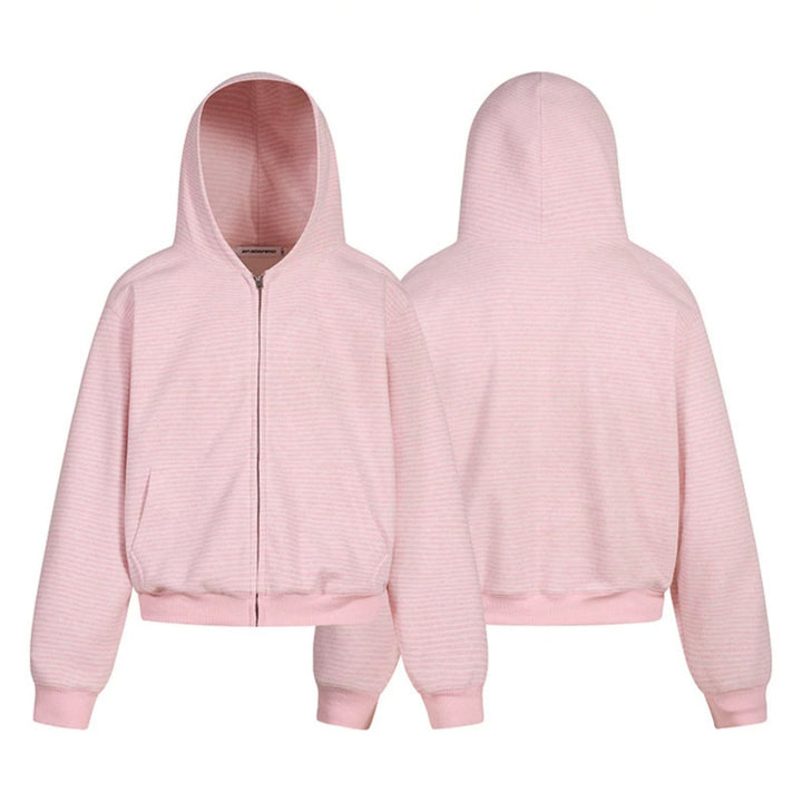 Damen Kurz geschnittene Kapuzen-Sweatjacke mit kurzem Bund, Streifenstruktur und Reißverschluss Drune