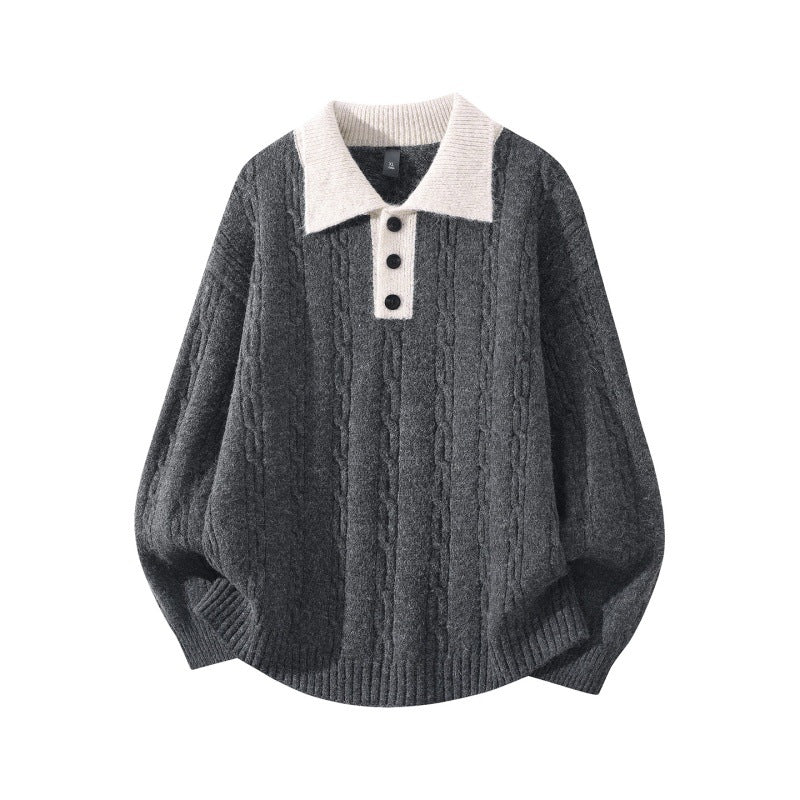 Herren Oversize Zopfmuster-Polo-Strickpullover mit Kontrastkragen und Dreiknopfleiste Drune
