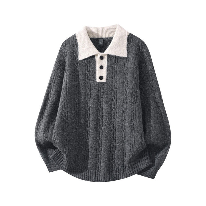 Herren Oversize Zopfmuster-Polo-Strickpullover mit Kontrastkragen und Dreiknopfleiste Drune