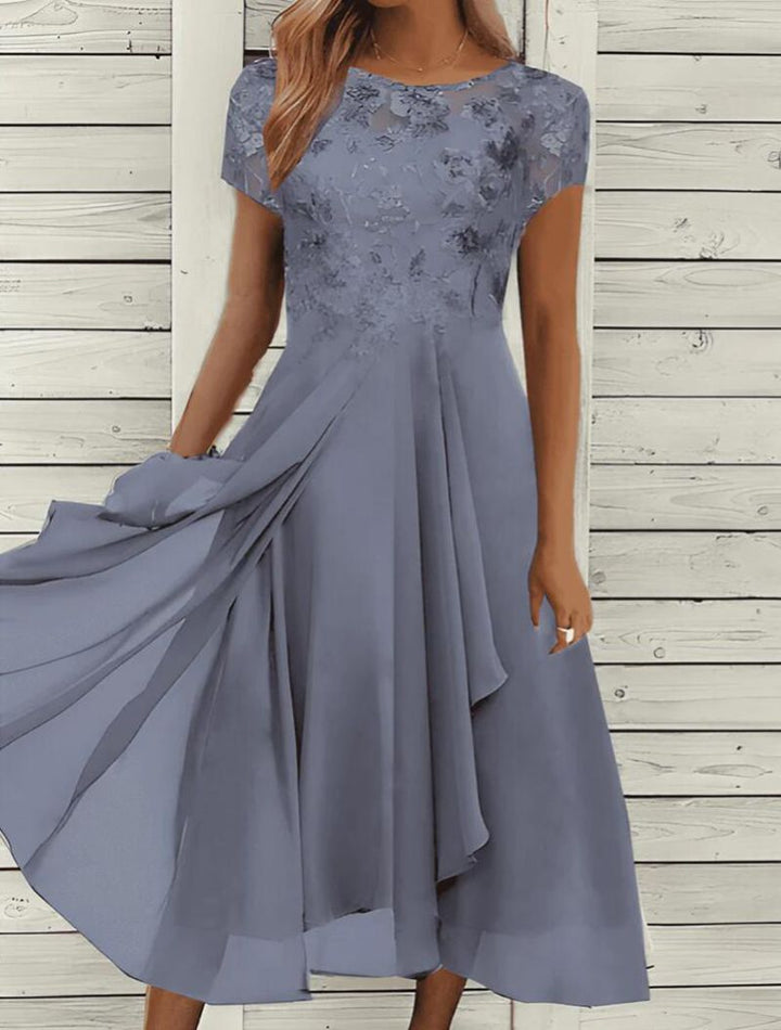 Damen nan elegantes Chiffon-Midikleid mit floraler Spitzenapplikation und fließendem Tellerrock Drune