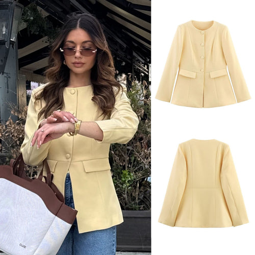 Damen nan taillierter knopfblazer mit Rundhalsausschnitt und angedeuteten Pattentaschen Drune