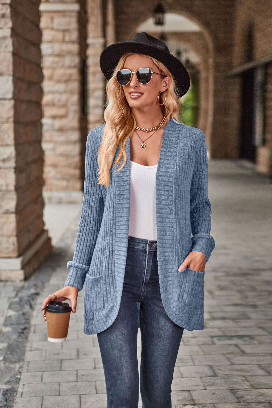 Damen nan langer gerippter Cardigan mit aufgesetzten Taschen und offener Front Drune