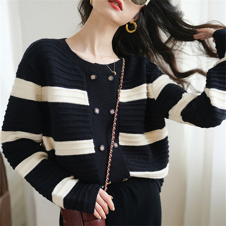 Damen Strickjacke mit dekorativen Knöpfen und gestreiftem Design Drune