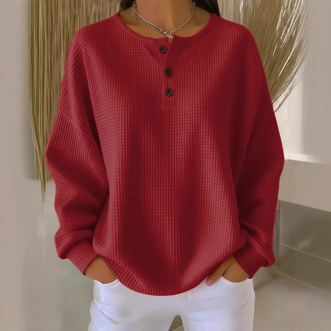 Damen Oversize Waffelstrick-Henleyshirt mit Knopfleiste und Rundhalsausschnitt Drune