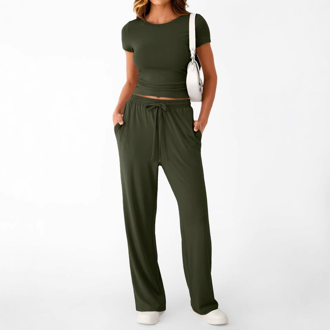 Damen lässiger Freizeitanzug mit kurzen Ärmel und weiten Hosen Drune