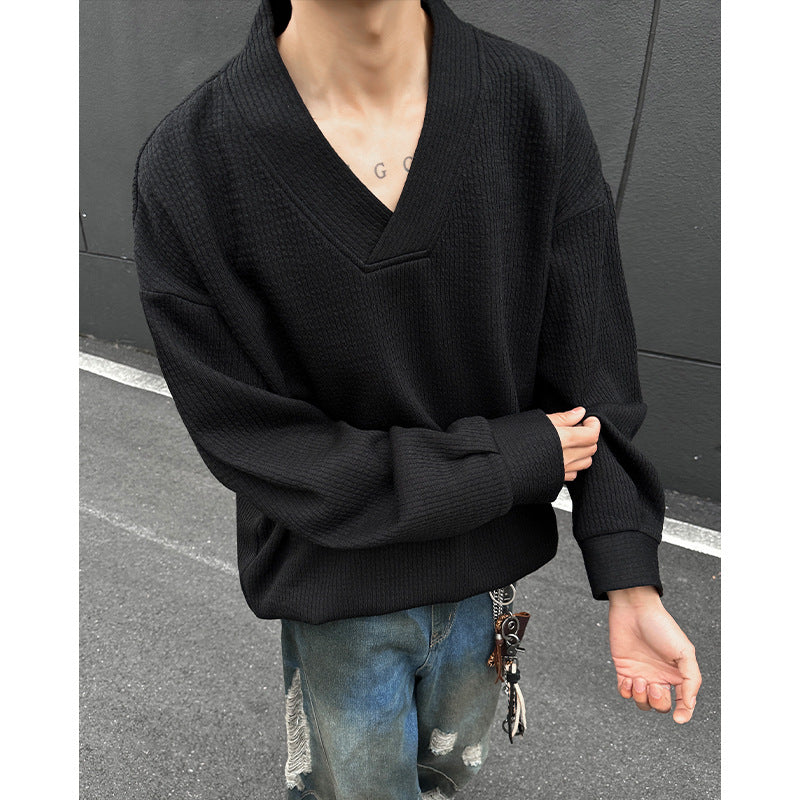 Herren Oversize-Feinstrickpullover mit tiefem V-Ausschnitt und Rippenstruktur Drune