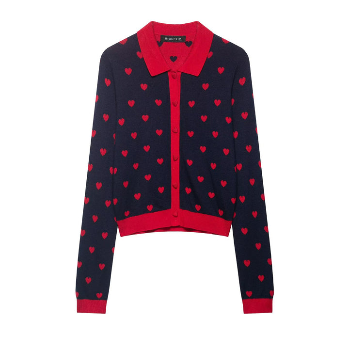 Damen Kurze Strickjacke im Cardigan‑Stil mit Herz‑Jacquard und Reverskragen Drune