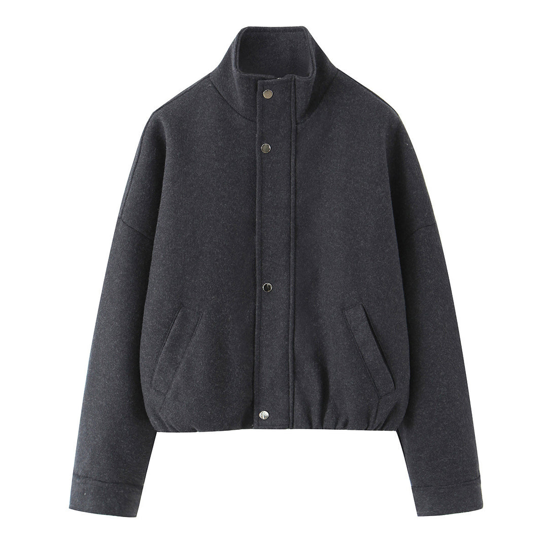Damen Kurz geschnittene Wollblousonjacke mit Stehkragen, Druckknopfleiste und elastischem Saum Drune