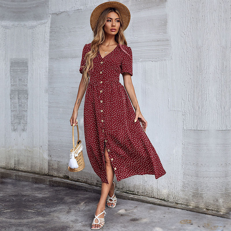 Damen Midi-Kleid mit süßem Punktmuster und eleganter Knopfleiste Drune