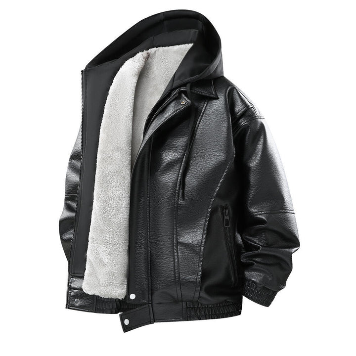 Herren Modische Kunstlederjacke mit Kapuze Drune